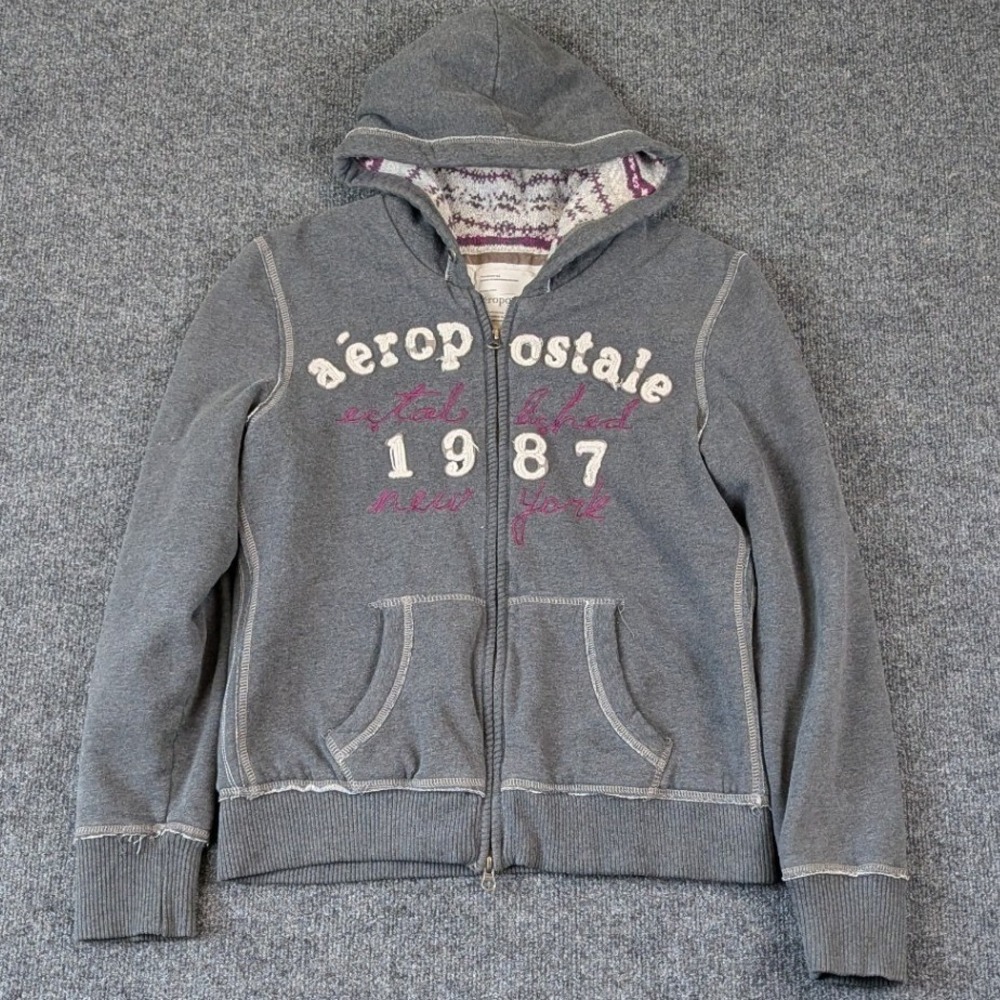 Aeropostale Womens XL Gray Full Zip Hoodie Fair‎ Isle Lined 1987 Graphic Gray